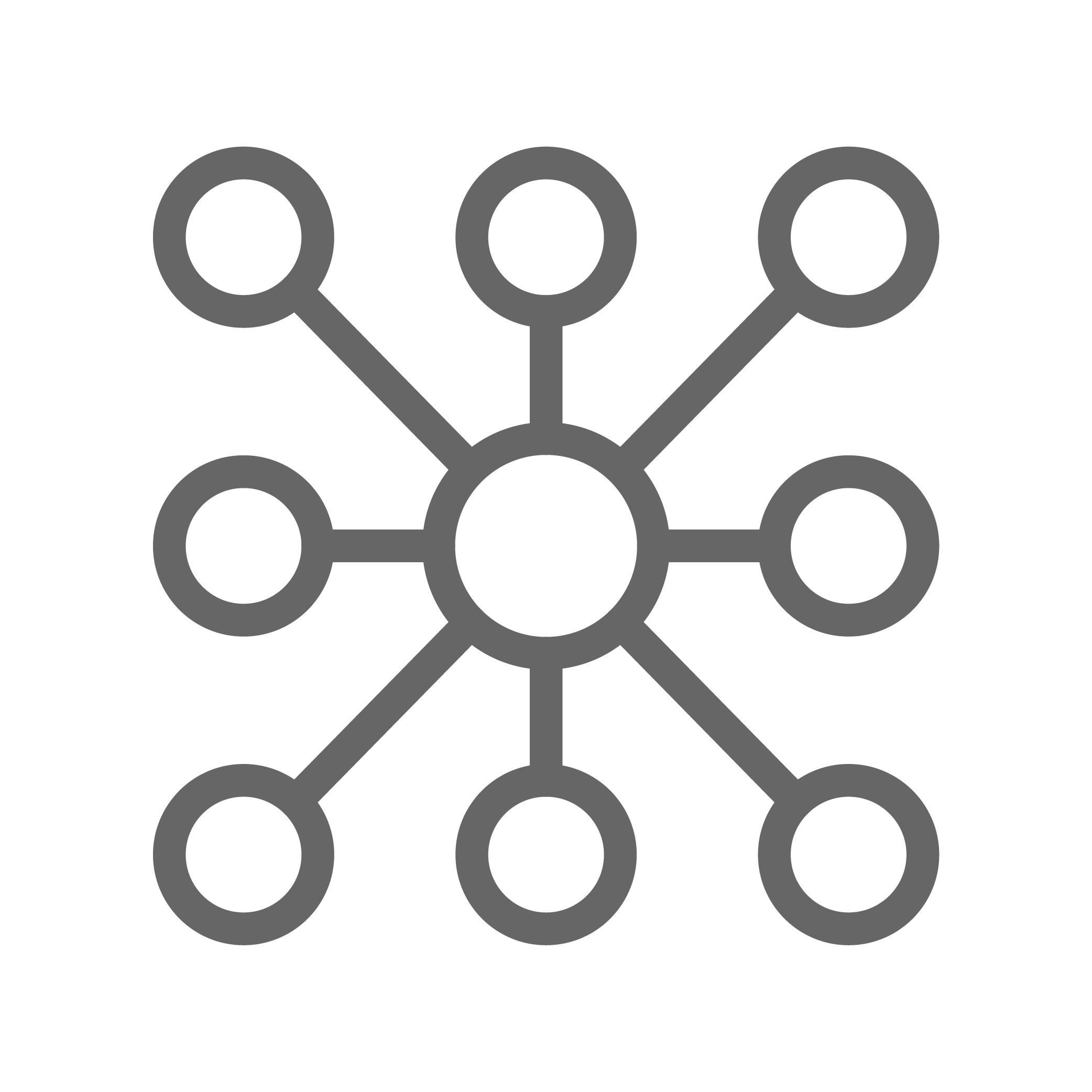 Central gray circle connected by lines to eight surrounding circles forming a radial network